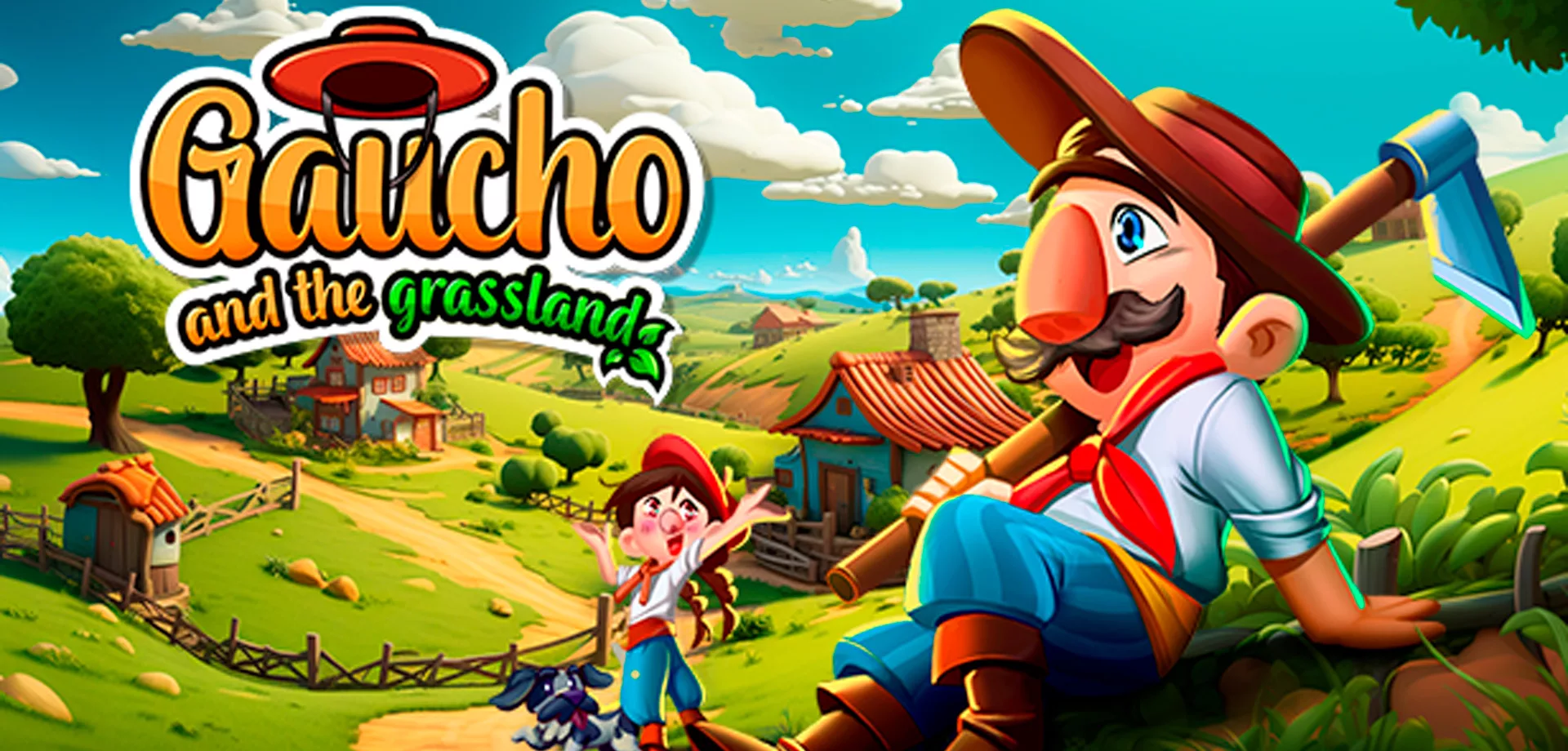 Gaúcho e Gaúcha junto do cachorro deles em uma paisagem típica do Sul e com casas e cercas de fazendas, além de um céu azul com nuvens brancas, Logo de Gaúcho and the Grassland acima.