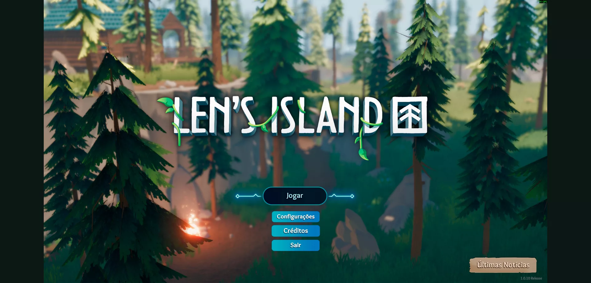 Tela inicial do jogo Len's Island com uma floresta de pinheiros e uma casa ao fundo, além de uma fogueira mais à frente.