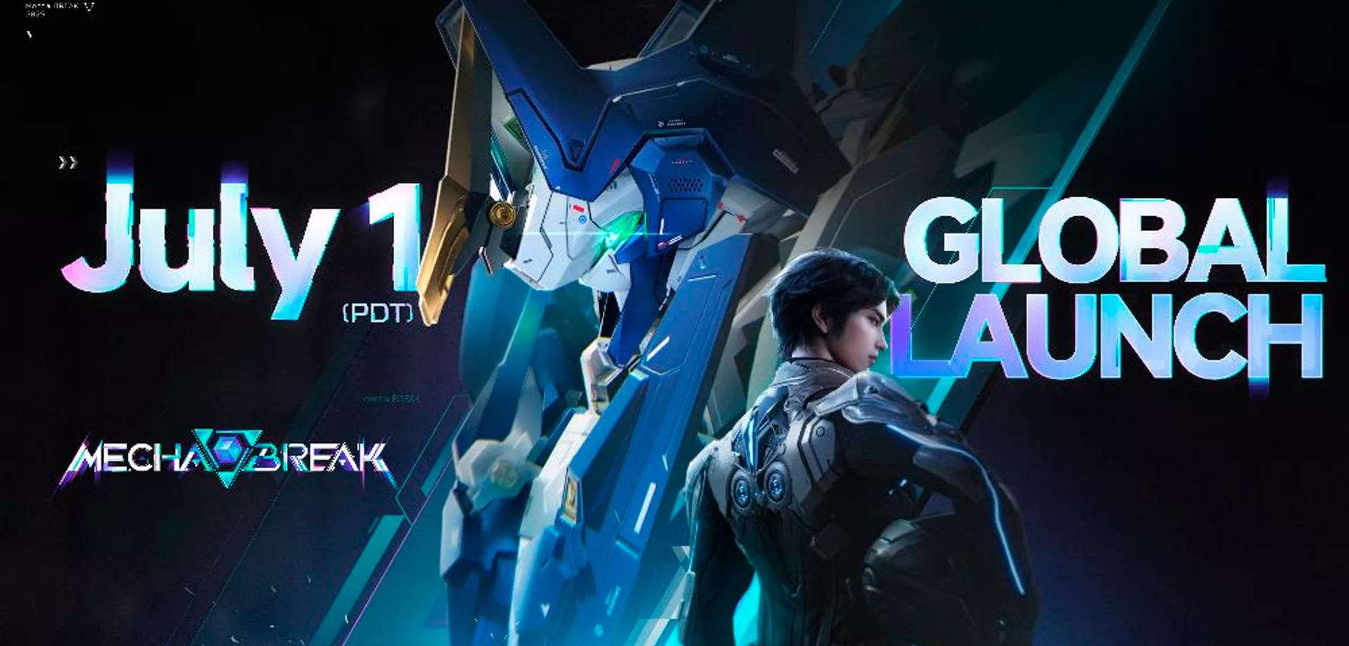 Capa de Mecha BREAK com data de lançamento de 1 de julho com piloto e Atacante um de costas para o outro.