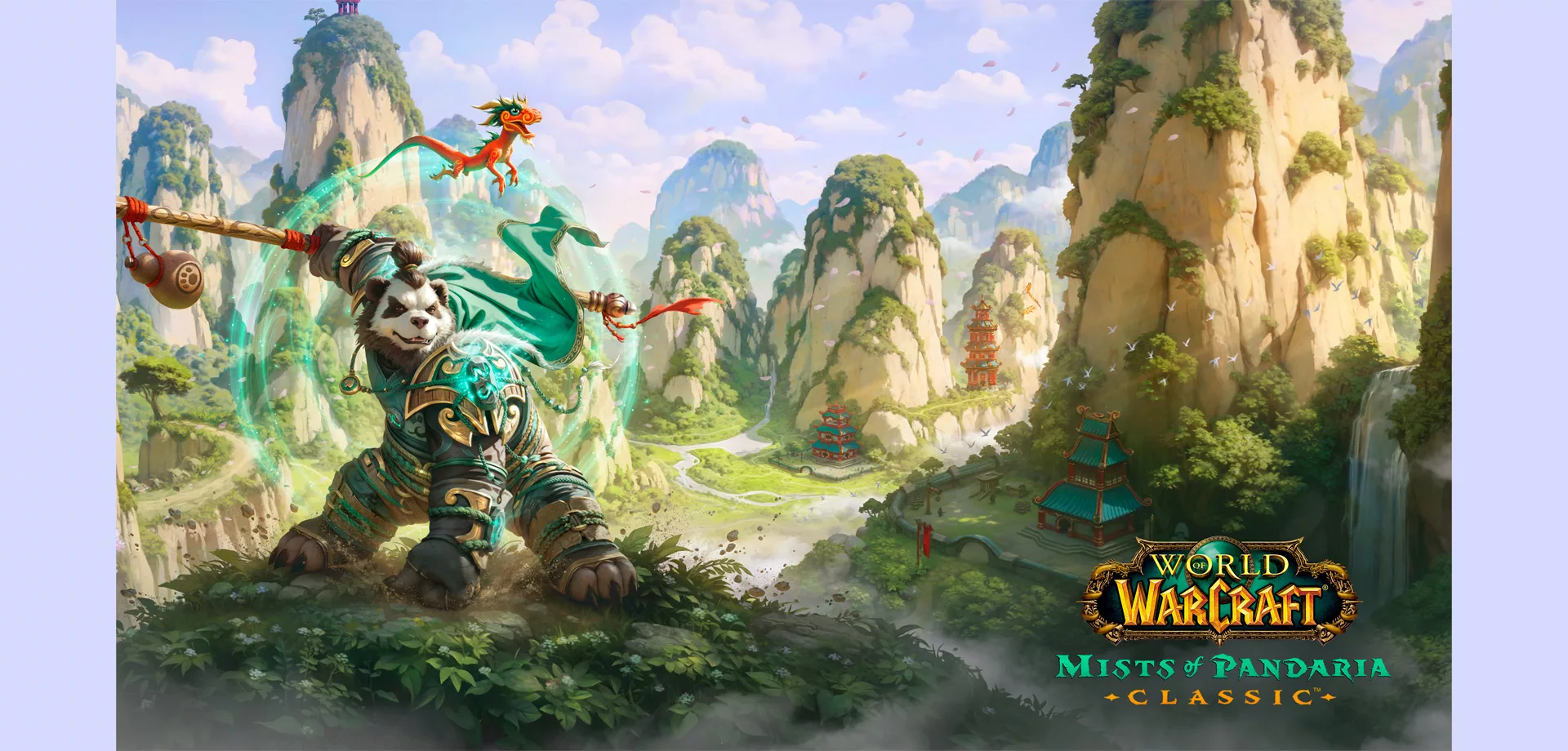 Panda monge de Mists of Pandaria Classic em paisagem montanhosa.