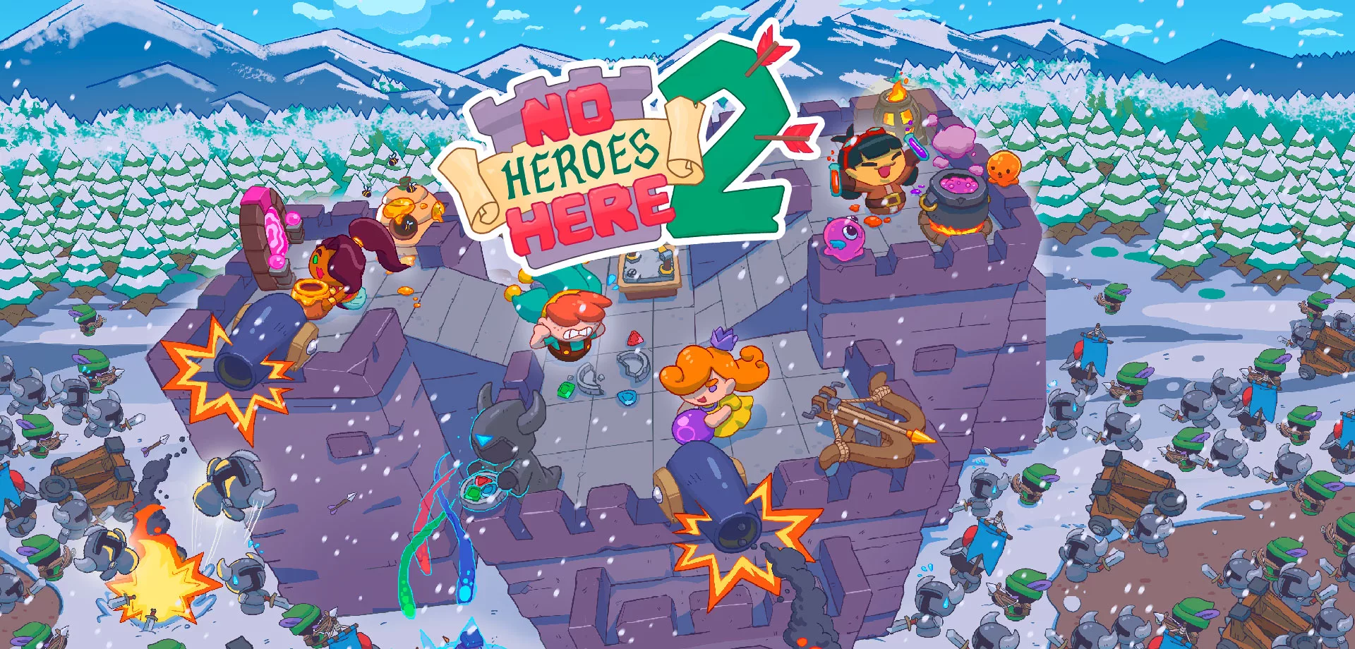 Vários personagens de No Heroes Here 2 defendendo um castelo do alto contra vários inimigos.