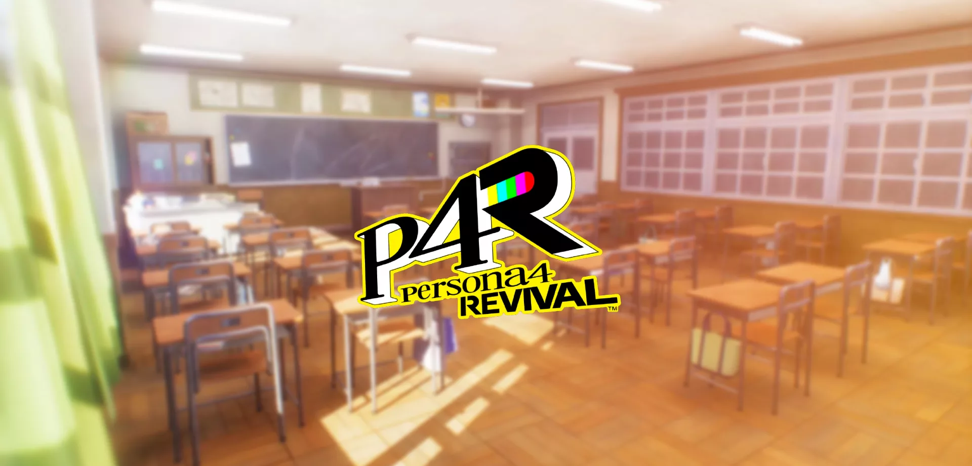 Imagem com sala de aula desfocada e logo de Persona 4 Revival.