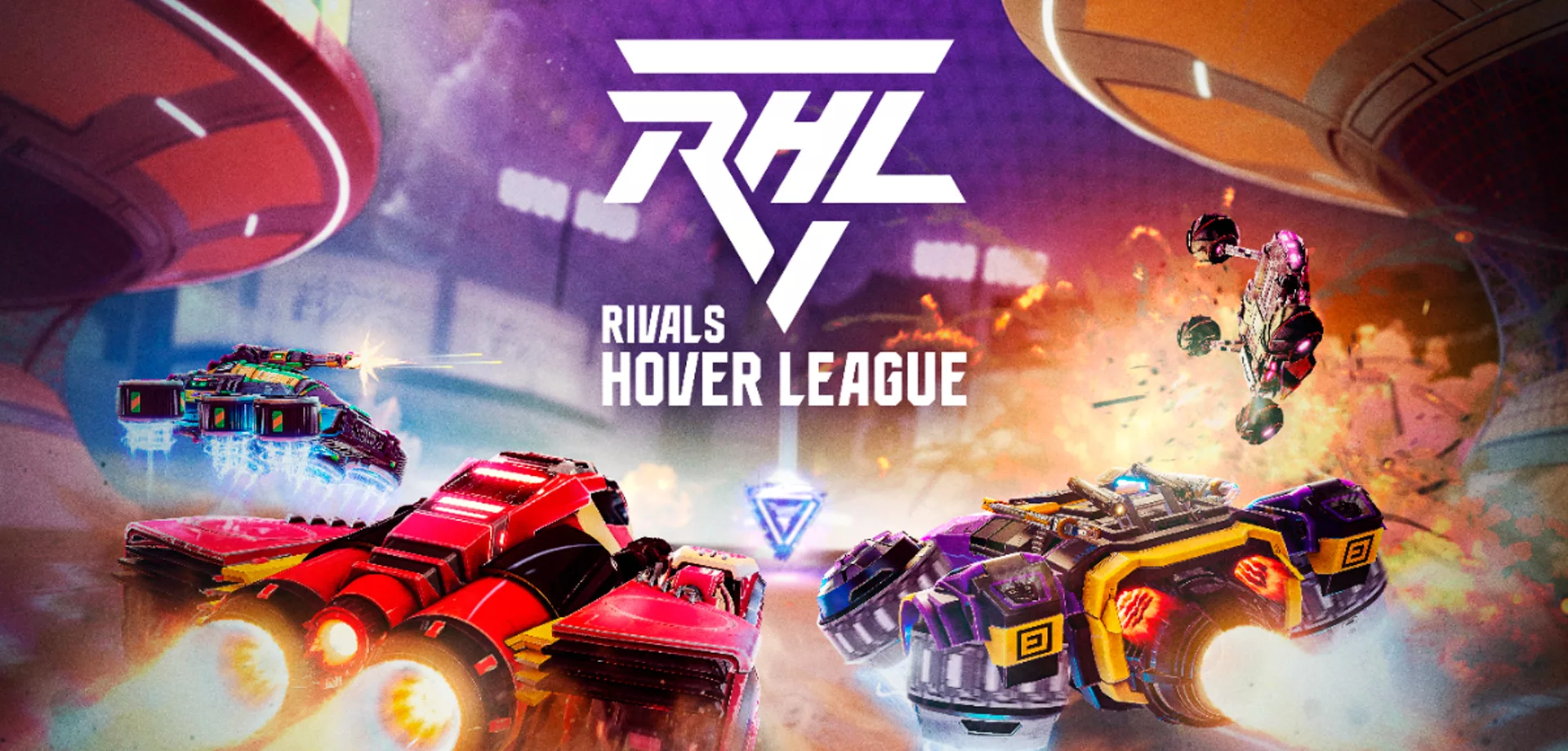 Capa de Rivals Hover League com 4 carros disputando um triangulo brilhante em meio a explosões, tiros e velocidade.