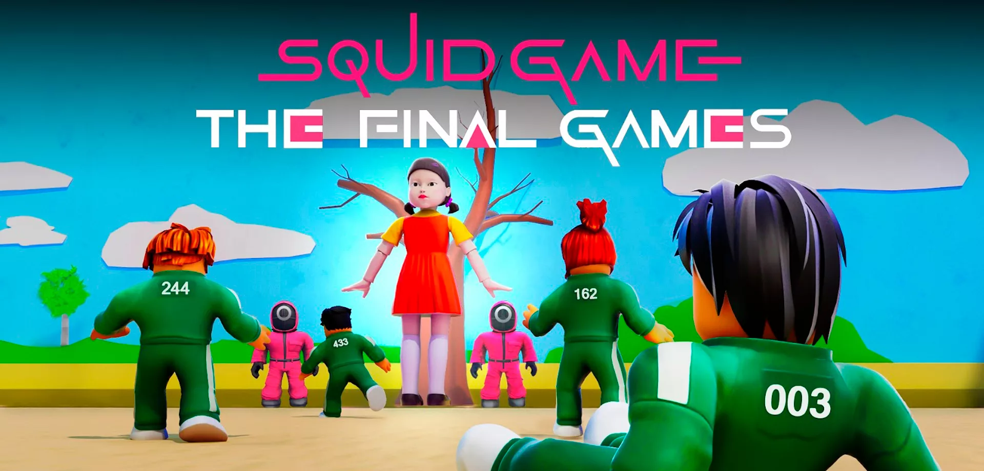 Vários personagens de Round 6 dentro da Roblox jogando Batatinha frita 1,2,3.