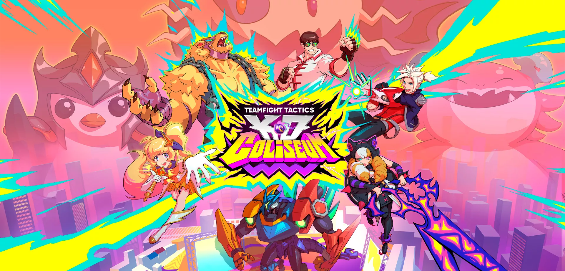 Teamfight Tactics Coliseu com imagem cheia de personagens em cima de um arranha-céu em uma metrópole.