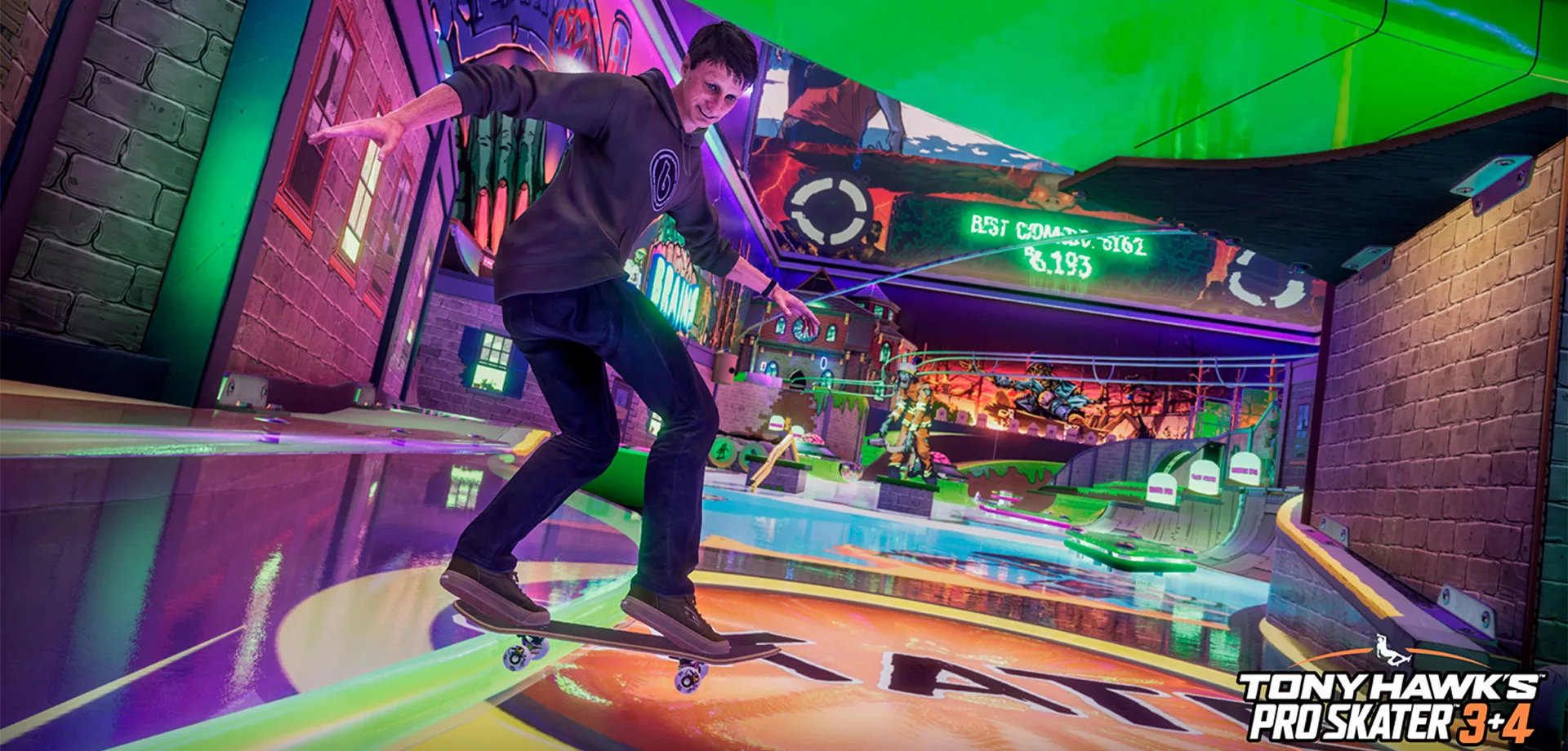 Tony Hawk's Pro Skater 3+4 com Tony fazendo manobras.