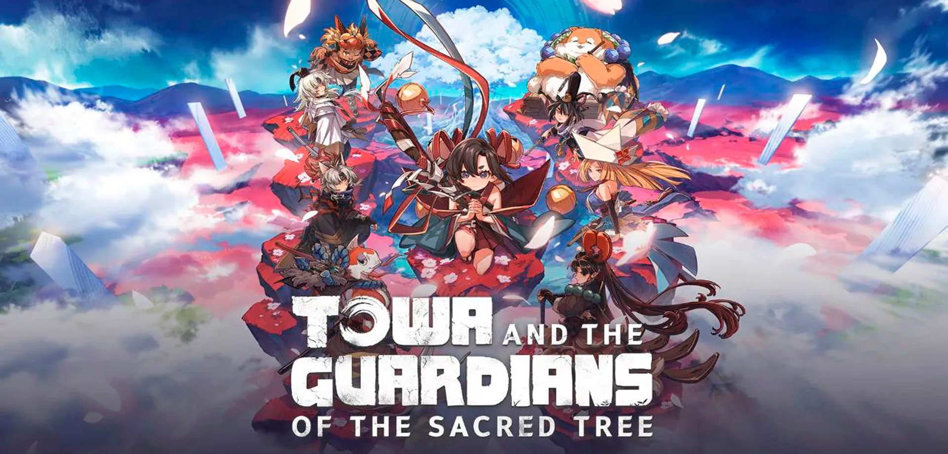 Towa and the Guardians of the Sacred Tree escrito à frente de vários personagens guardiões entre nuvens.