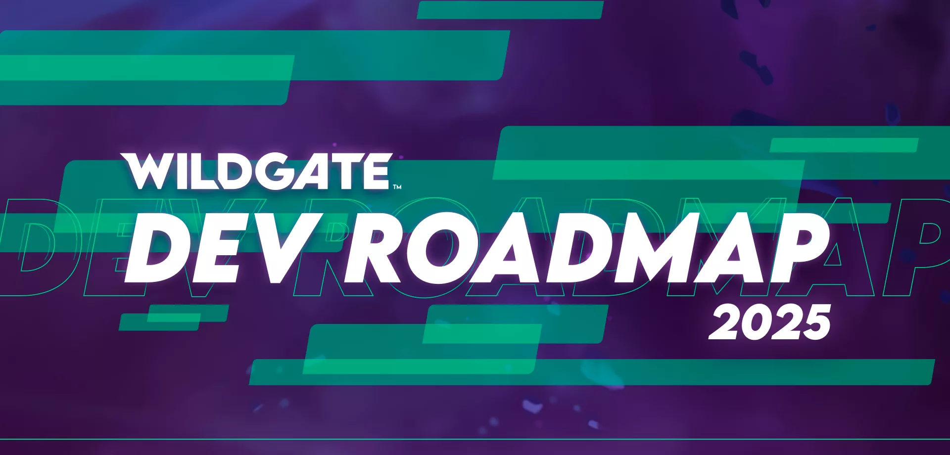 Fundo roxo e verde com as escritas "Wildgate Dev Roadmap 2025".