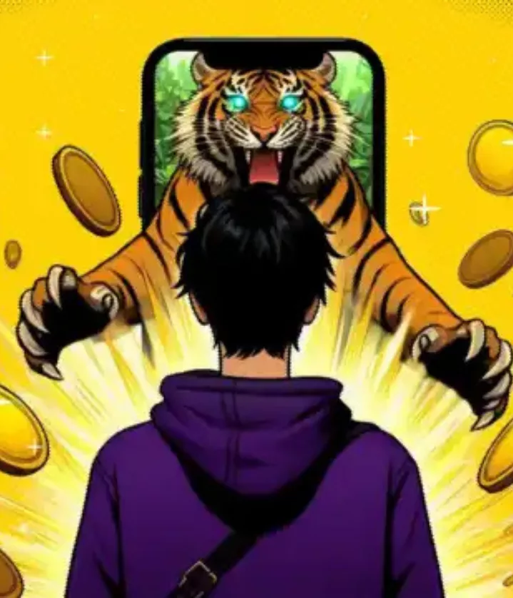 Jovem sendo atacado pelo Tigre saindo do Celular - Jogos de Azar - Tigrinho.