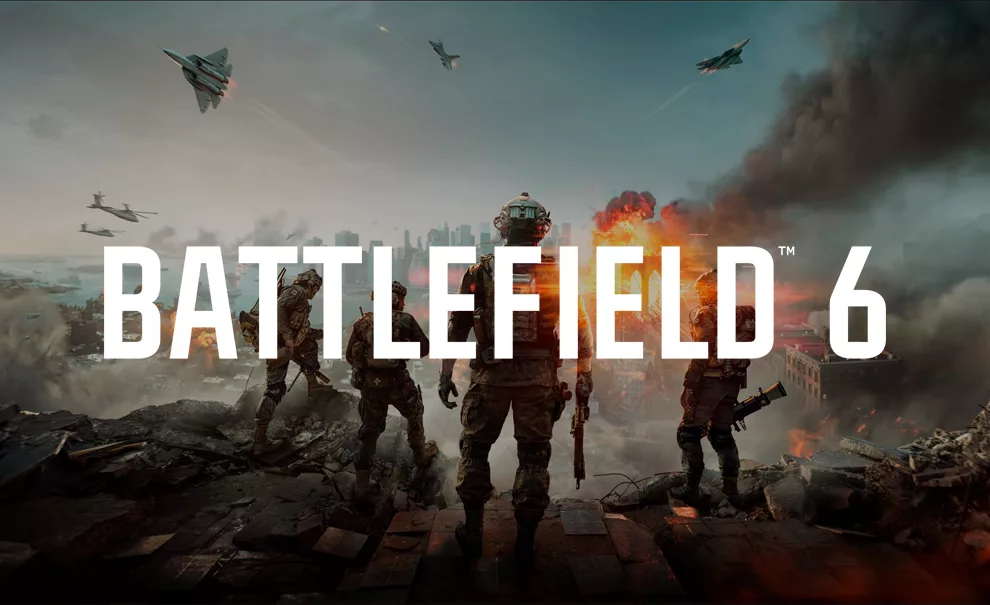 Soldados em uma montanha olhando a destruição da guerra em uma cidade longínqua e a logo de Battlefield 6 à frente.