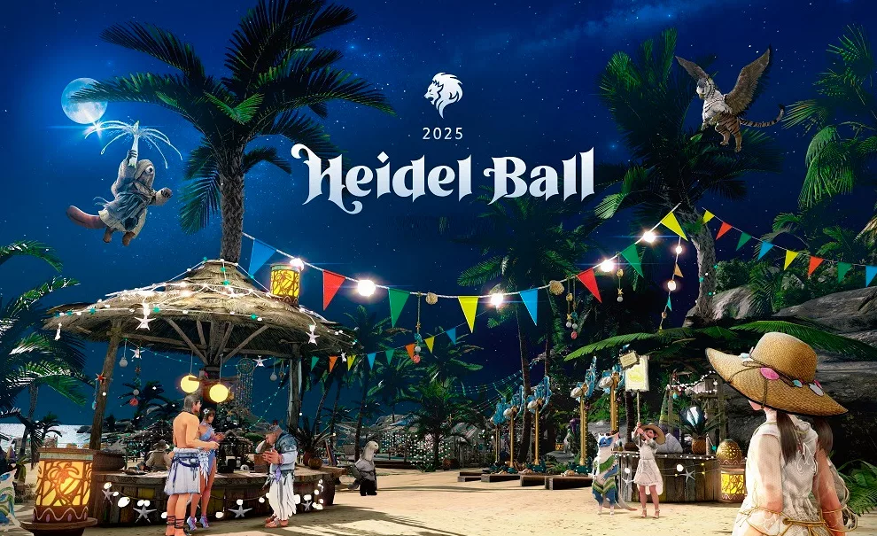 Personagens de Black Desert Mobile em uma praia com quiosques enfeitados e os dizeres em inglês Banquete de Heidel 2025.
