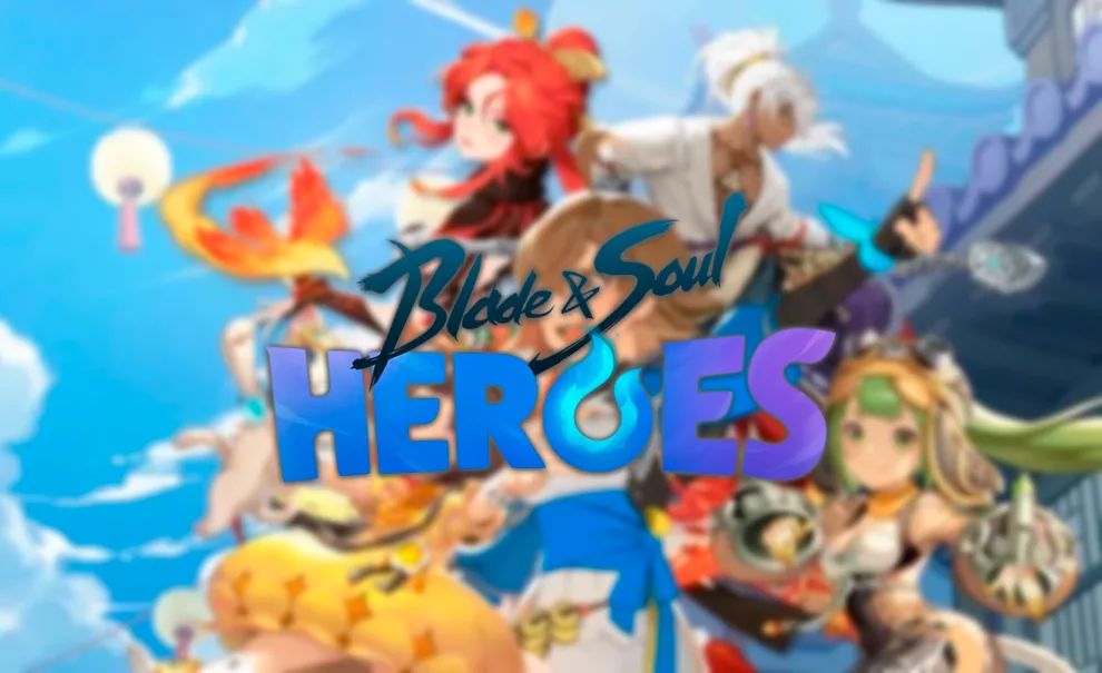 Vários Personagens de Blade and Soul Heroes em um cenário com uma casa com arquitetura típica asiática e um céu azul.