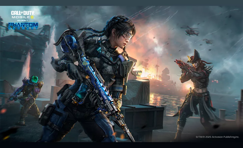 Capa de Call of Duty: Mobile Temporada 7 com 3 personagens em um porto em meio a ação.