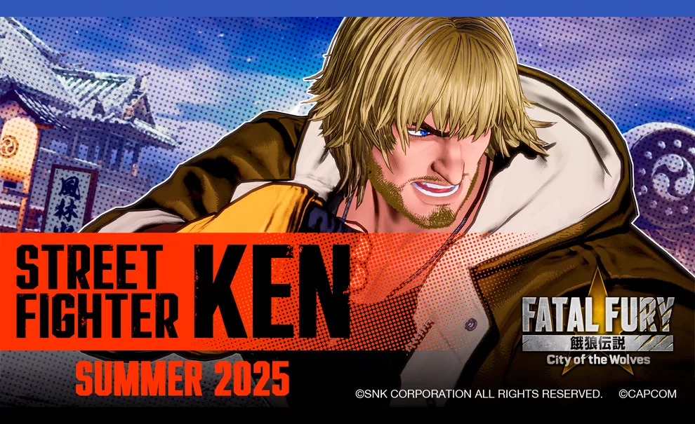 Ken Masters fazendo pose de luta com punha cerrado próximo ao rosto em Fatal Fury: City of the Wolves.