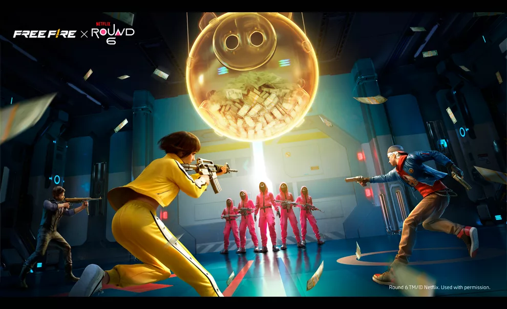 Personagens de Free Fire encarando os Guardas Rosas de Round 6 sob a luz do porco de dinheiro da série.