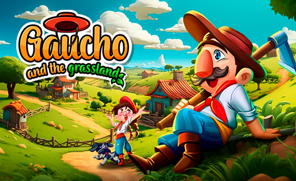Gaúcho e Gaúcha junto do cachorro deles em uma paisagem típica do Sul e com casas e cercas de fazendas, além de um céu azul com nuvens brancas, Logo de Gaúcho and the Grassland acima.
