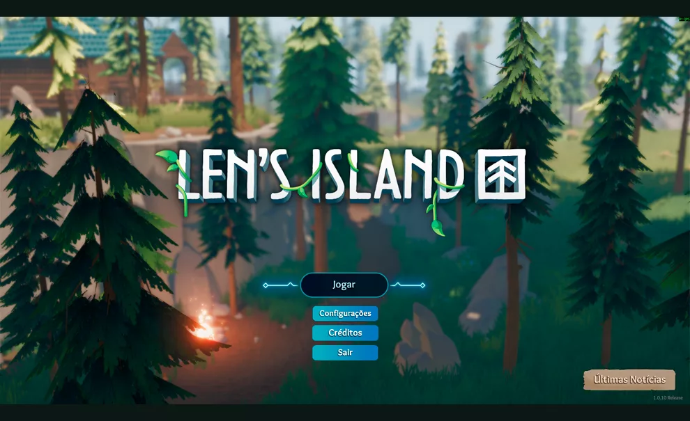 Tela inicial do jogo Len's Island com uma floresta de pinheiros e uma casa ao fundo, além de uma fogueira mais à frente.