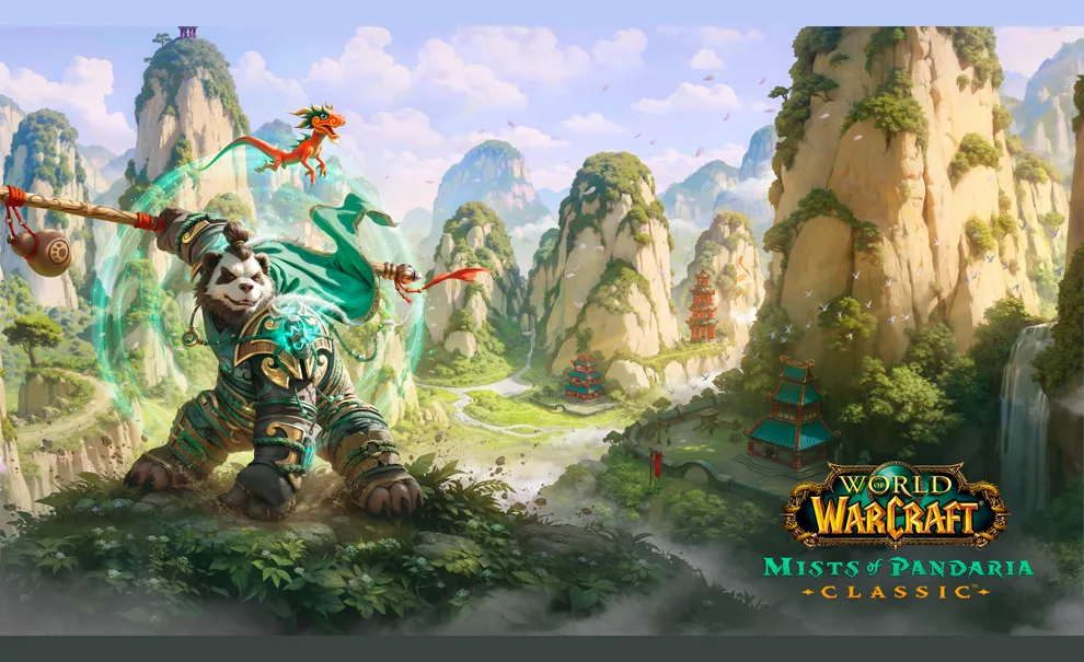 Panda monge de Mists of Pandaria Classic em paisagem montanhosa.