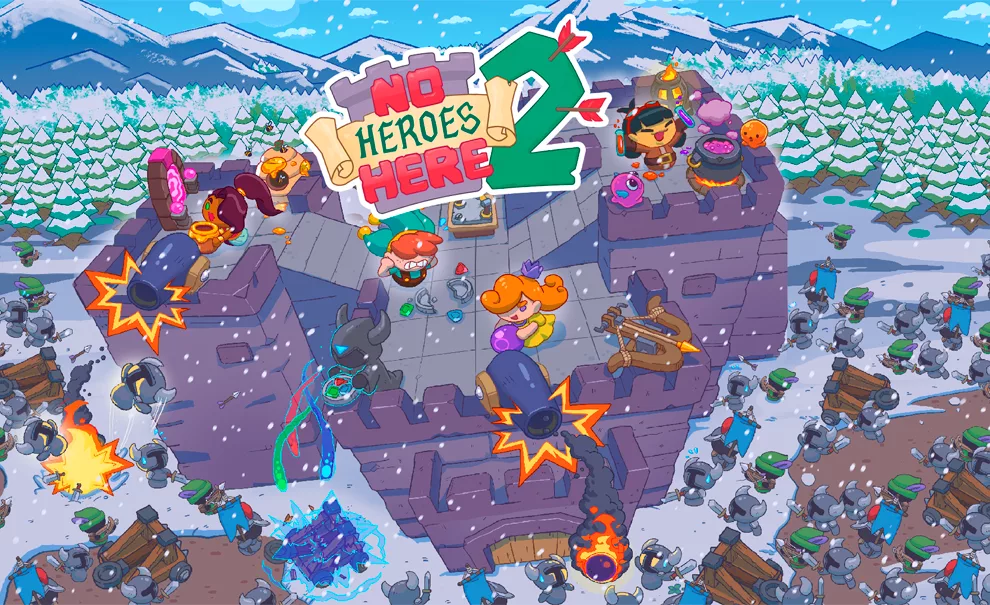 Vários personagens de No Heroes Here 2 defendendo um castelo do alto contra vários inimigos.