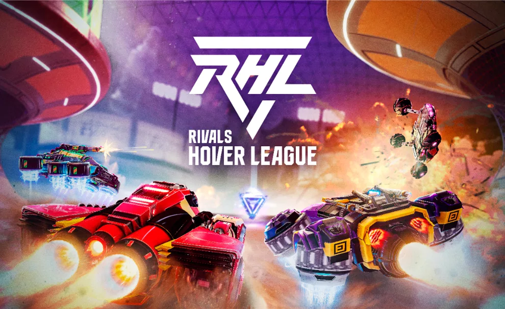 Capa de Rivals Hover League com 4 carros disputando um triangulo brilhante em meio a explosões, tiros e velocidade.