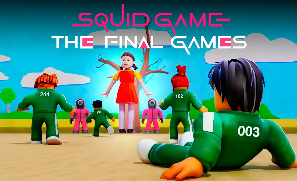 Vários personagens de Round 6 dentro da Roblox jogando Batatinha frita 1,2,3.