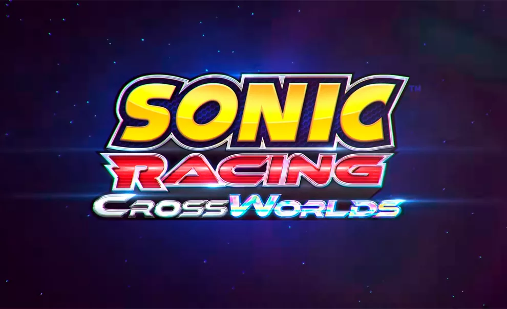 Logo de Sonic Racing CrossWorlds em fundo de galáxia azul estrelada.