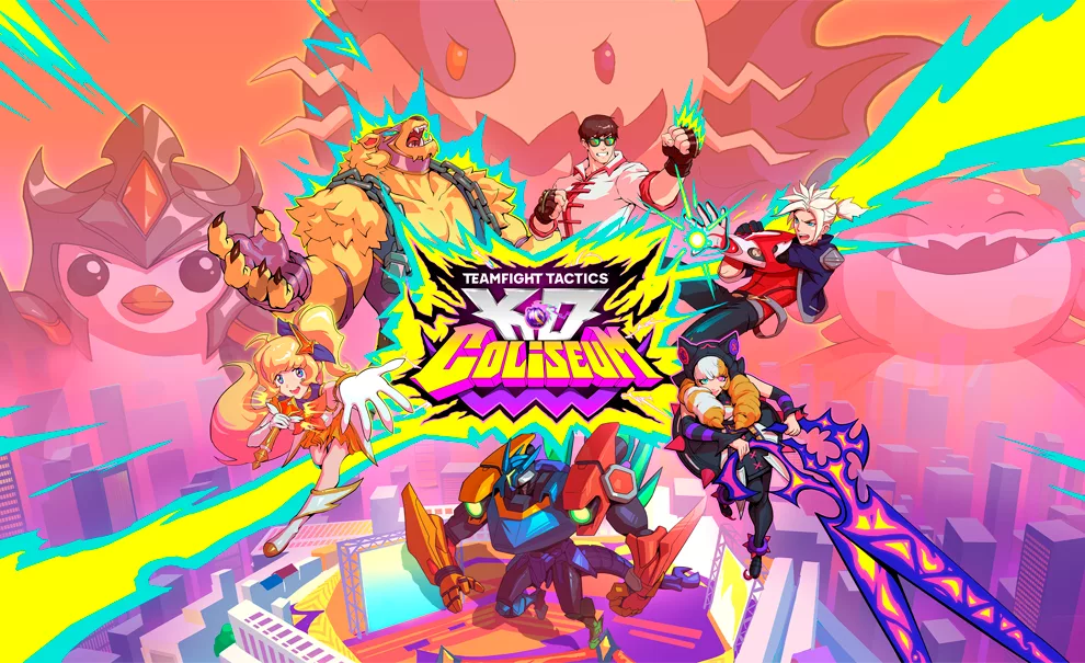 Teamfight Tactics Coliseu com imagem cheia de personagens em cima de um arranha-céu em uma metrópole.