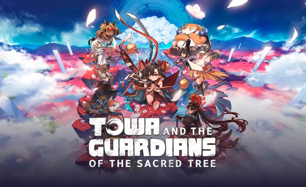 Towa and the Guardians of the Sacred Tree escrito à frente de vários personagens guardiões entre nuvens.
