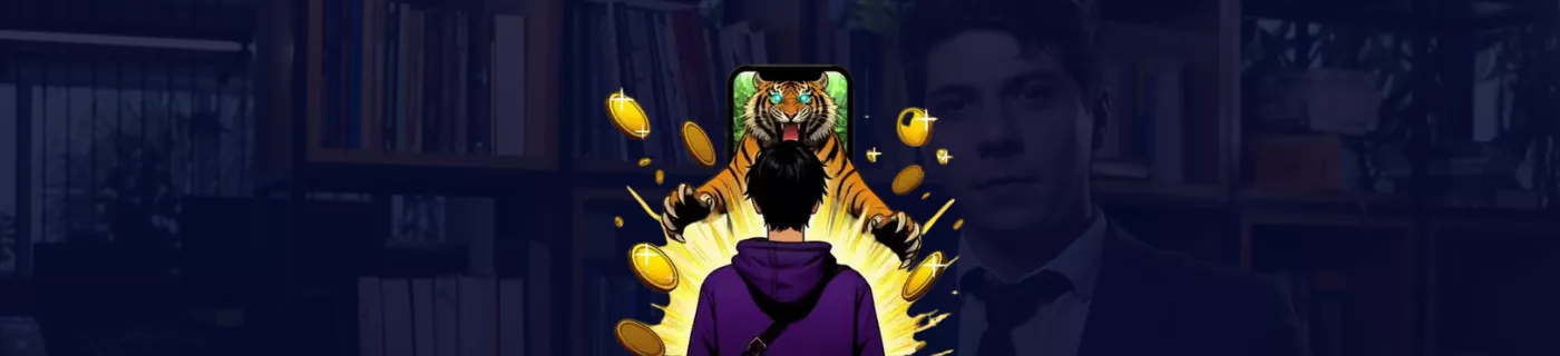 Jovem sendo atacado pelo Tigre saindo do Celular - Jogos de Azar - Tigrinho.