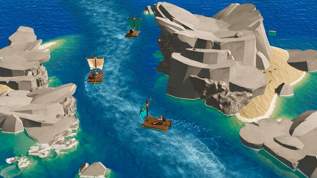 3 jogadores navegando pelas águas em Len's Island.