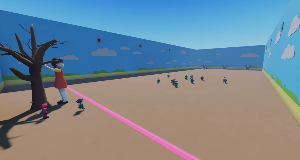 Uma grande boneca olhando para personagens de roblox imitando o jogo batattinha frita 1,2,3 de Round 6.
