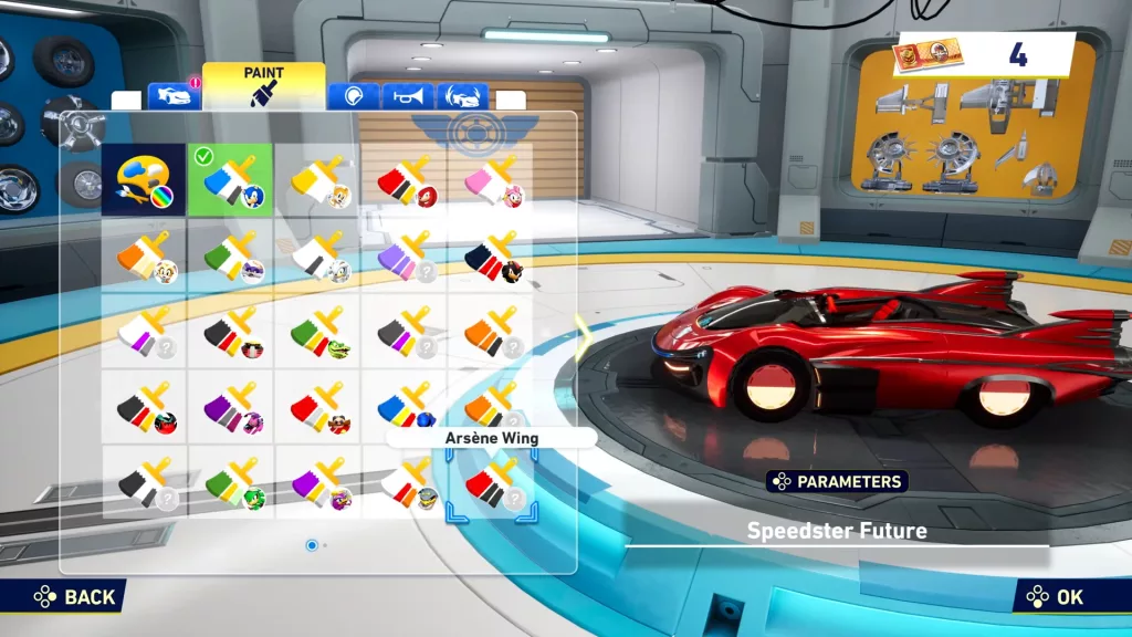 Tela com carro à direita e cores variadas a esquerda em Sonic Racing: CrossWorlds