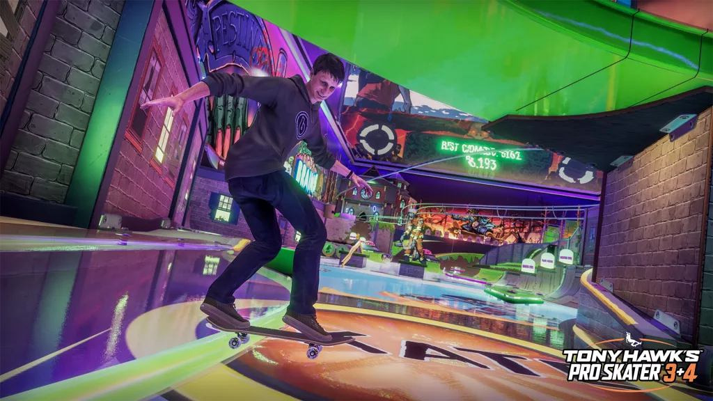 Tony Hawk's Pro Skater 3+4 com Tony fazendo manobras.