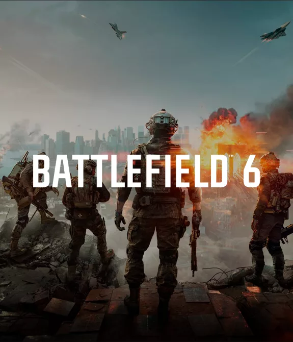 Soldados em uma montanha olhando a destruição da guerra em uma cidade longínqua e a logo de Battlefield 6 à frente.