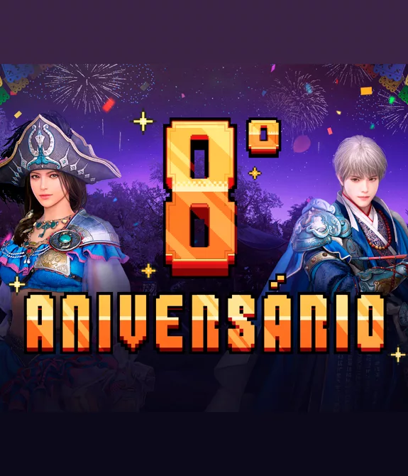 2 Personagems de Black Desert Online, ao fundo fogos de artifício e no centro a frase 8º Aniversário.