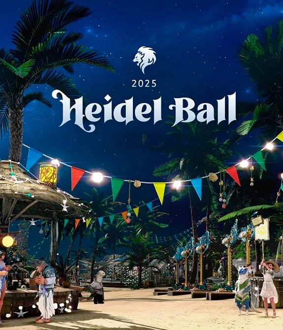 Personagens de Black Desert Mobile em uma praia com quiosques enfeitados e os dizeres em inglês Banquete de Heidel 2025.