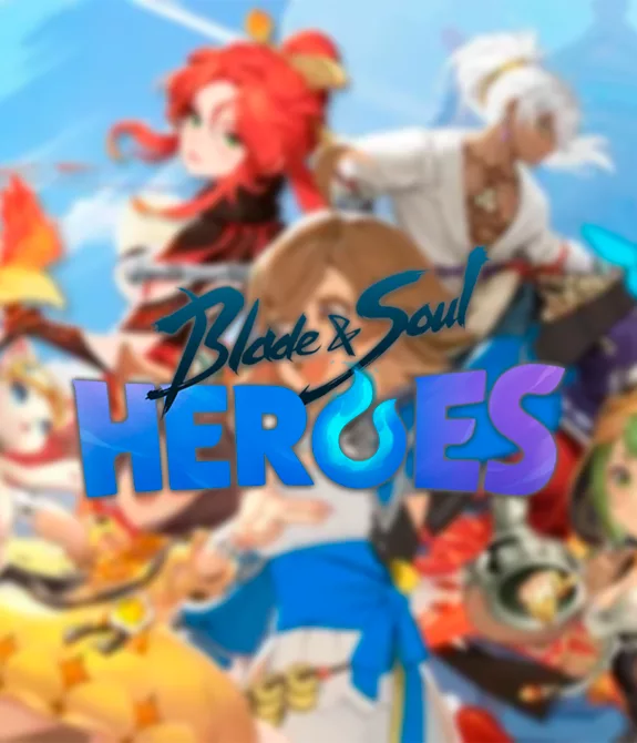 Vários Personagens de Blade and Soul Heroes em um cenário com uma casa com arquitetura típica asiática e um céu azul.
