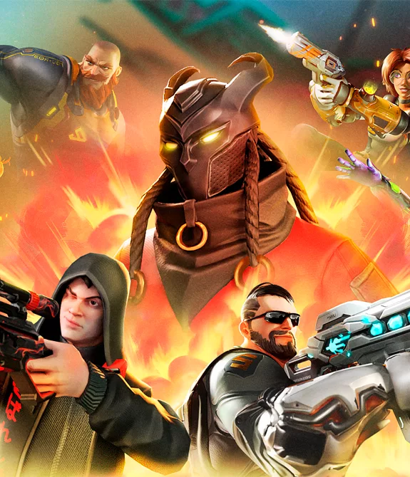 Vários personagens e várias armas de Capa Royale em meio a uma explosão.