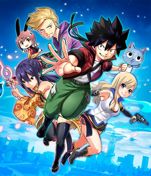 Imagem de Edens Zero com cidade e nave ao fundo e vários personagens do anime a Direita.