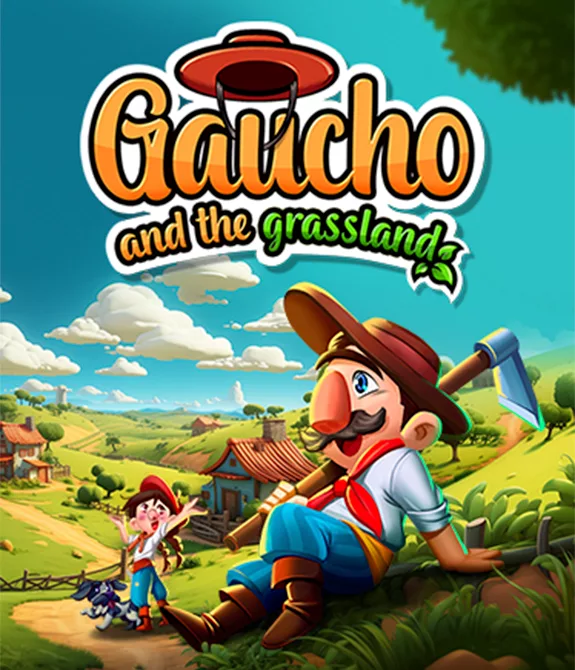 Gaúcho e Gaúcha junto do cachorro deles em uma paisagem típica do Sul e com casas e cercas de fazendas, além de um céu azul com nuvens brancas, Logo de Gaúcho and the Grassland acima.