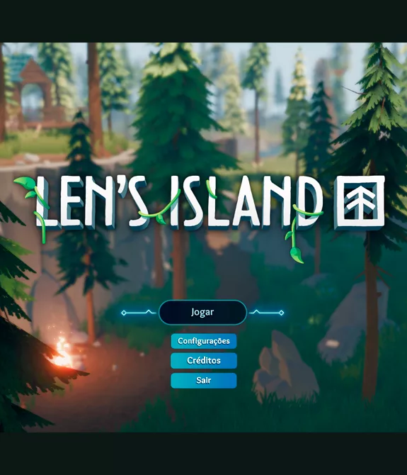Tela inicial do jogo Len's Island com uma floresta de pinheiros e uma casa ao fundo, além de uma fogueira mais à frente.