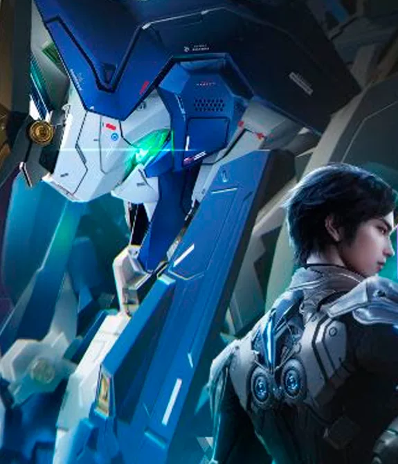 Capa de Mecha BREAK com data de lançamento de 1 de julho com piloto e Atacante um de costas para o outro.