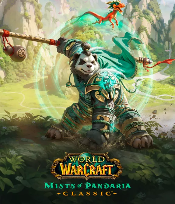 Panda monge de Mists of Pandaria Classic em paisagem montanhosa.