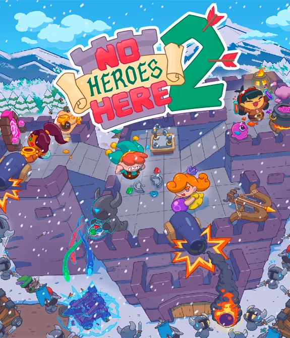 Vários personagens de No Heroes Here 2 defendendo um castelo do alto contra vários inimigos.