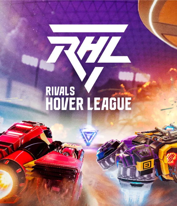 Capa de Rivals Hover League com 4 carros disputando um triangulo brilhante em meio a explosões, tiros e velocidade.