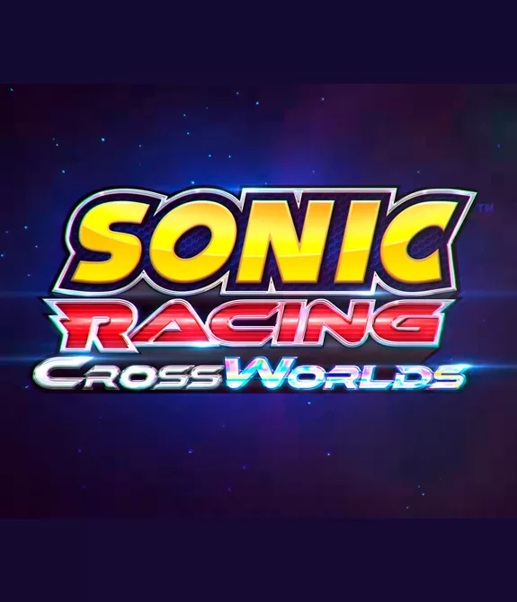 Logo de Sonic Racing CrossWorlds em fundo de galáxia azul estrelada.