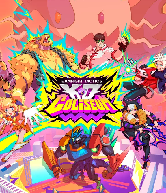 Teamfight Tactics Coliseu com imagem cheia de personagens em cima de um arranha-céu em uma metrópole.