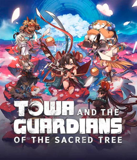 Towa and the Guardians of the Sacred Tree escrito à frente de vários personagens guardiões entre nuvens.