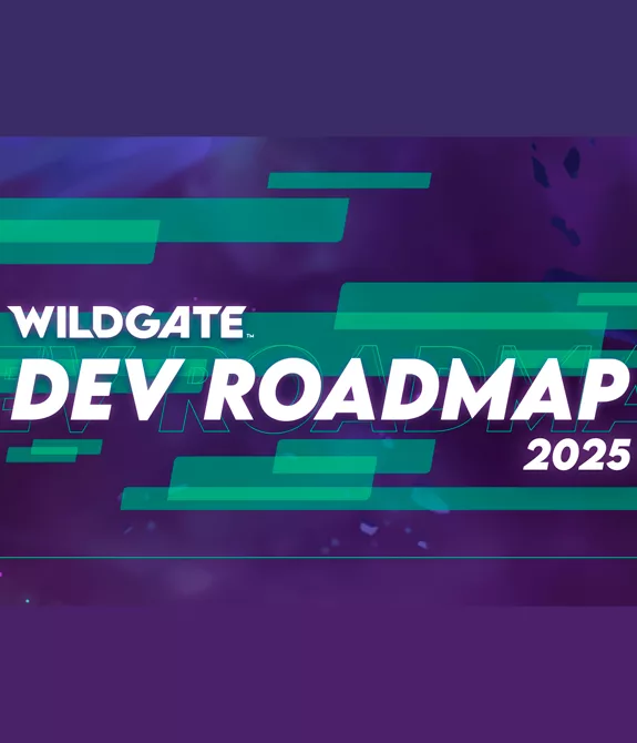 Fundo roxo e verde com as escritas "Wildgate Dev Roadmap 2025".