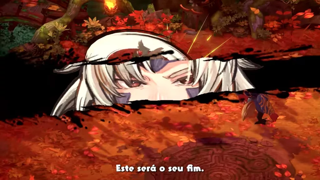 Cena do jogo cortada por um frame do olhar de um personagem.